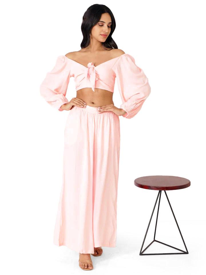 Baby Pink Cotton Self Structure Solid Pant Top Set