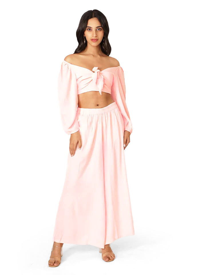 Baby Pink Cotton Self Structure Solid Pant Top Set