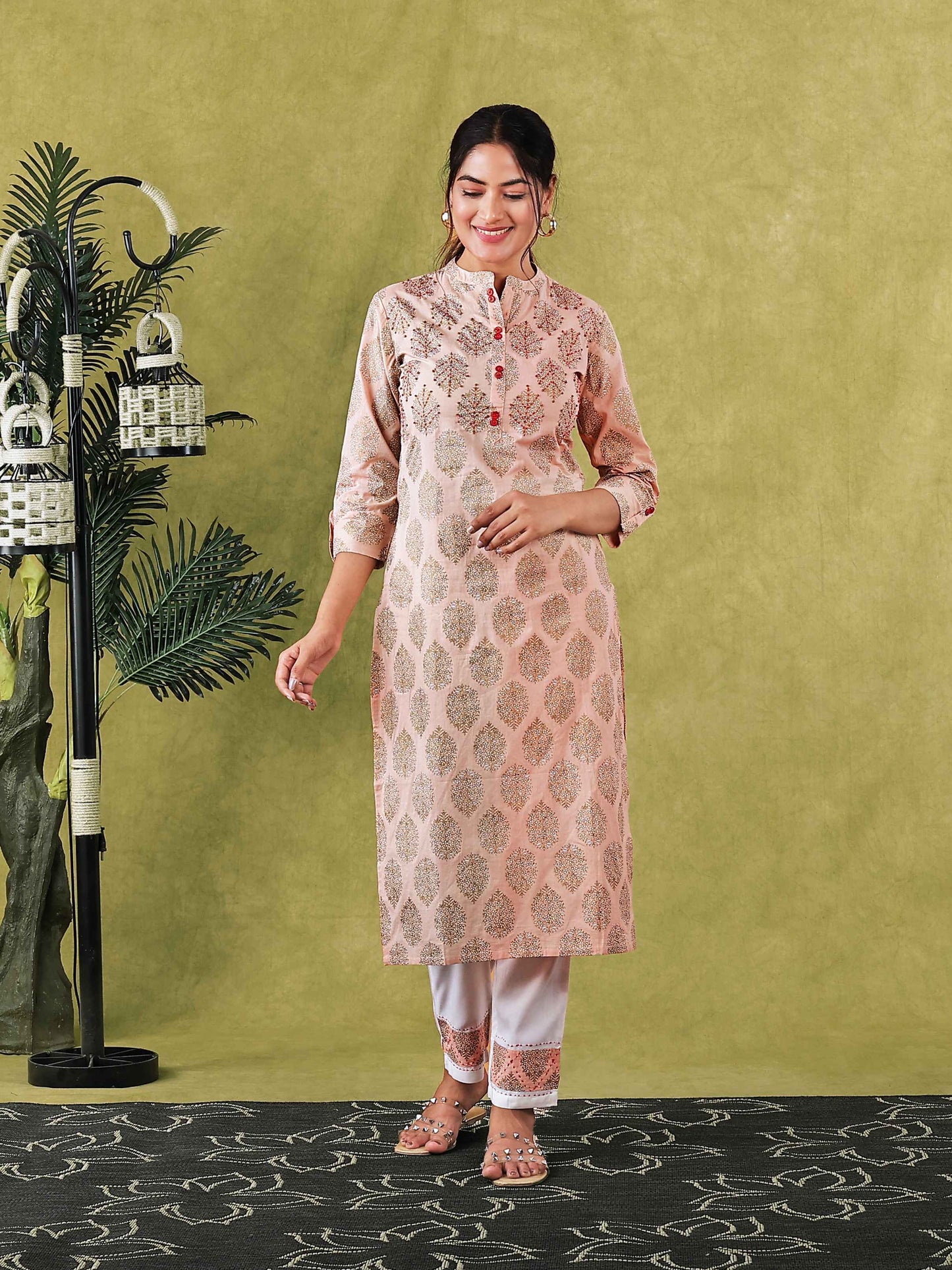 Peach Gold Printed Women Kurta Set with Embroidery at Yoke