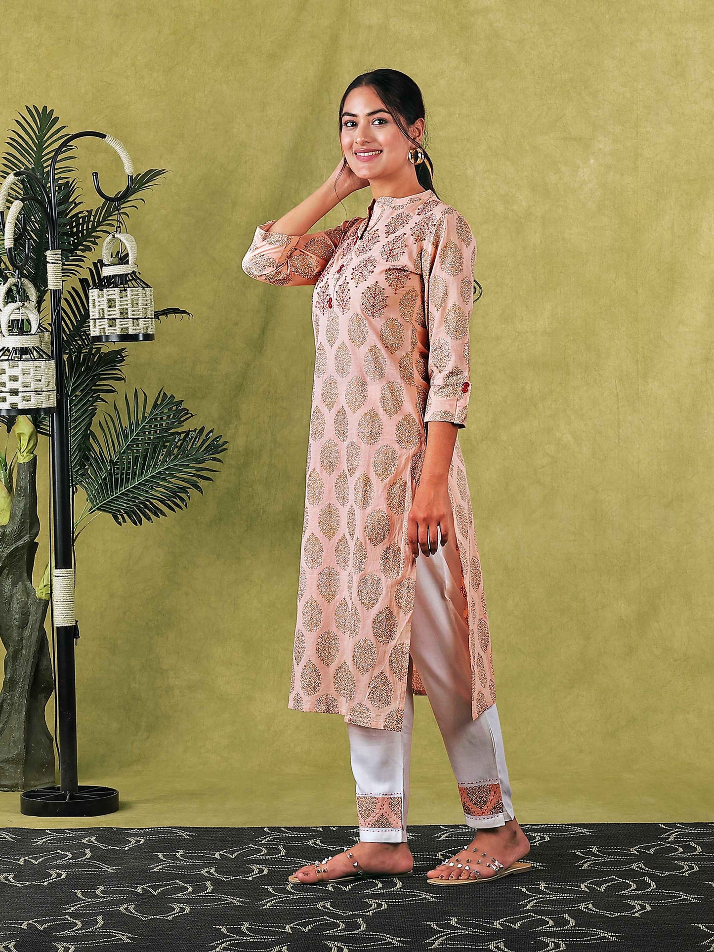 Peach Gold Printed Women Kurta Set with Embroidery at Yoke