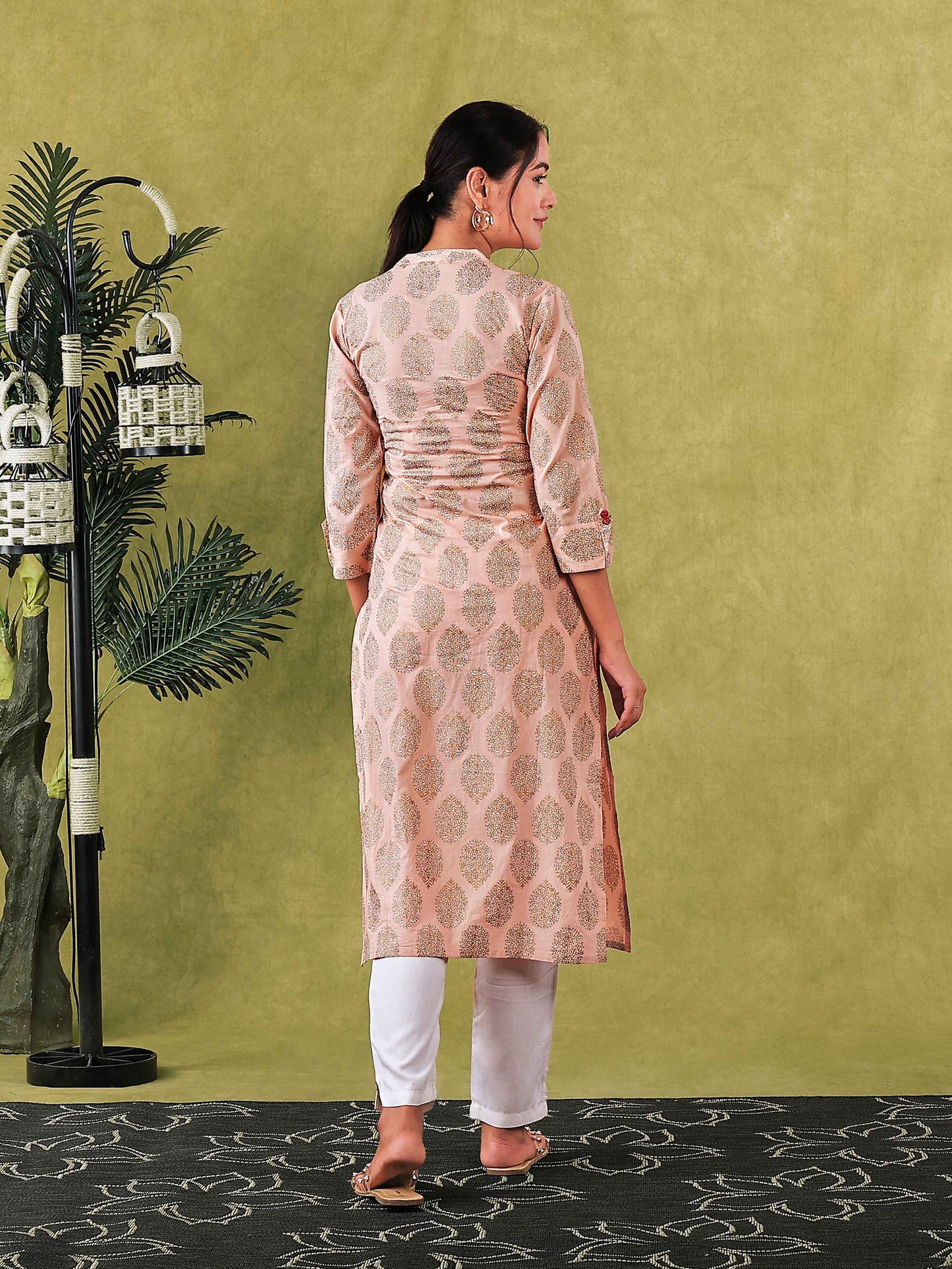 Peach Gold Printed Women Kurta Set with Embroidery at Yoke