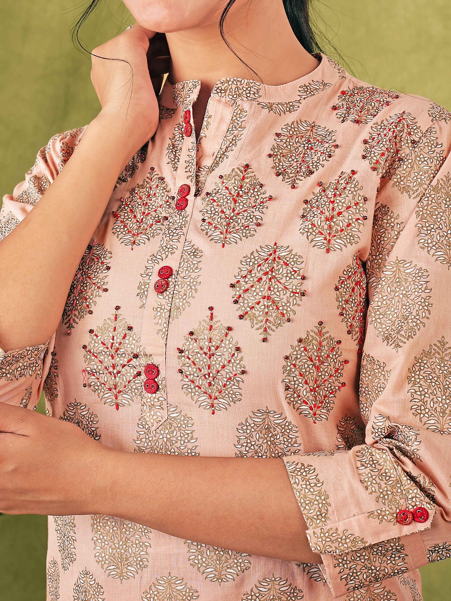Peach Gold Printed Women Kurta Set with Embroidery at Yoke