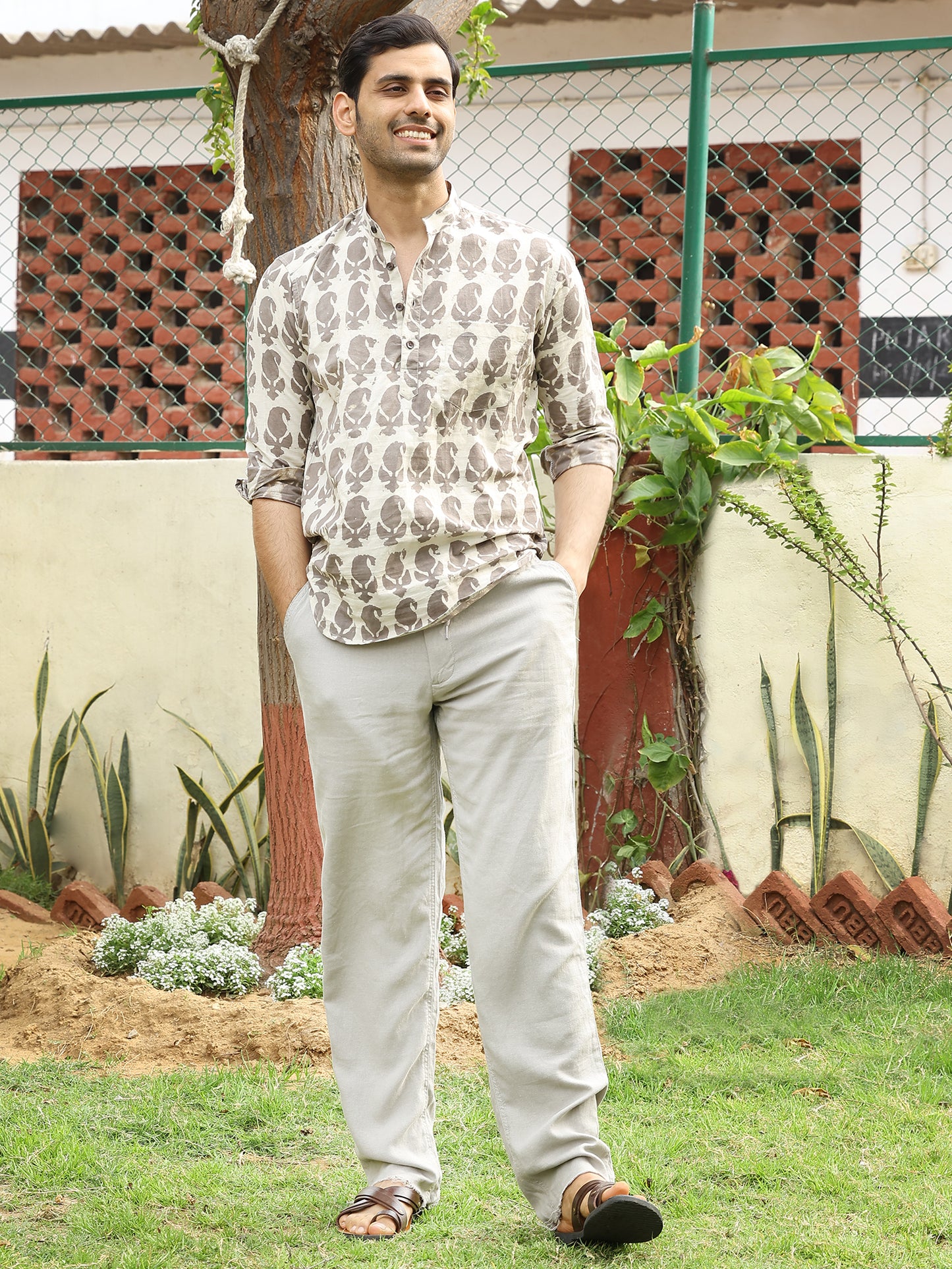 Hand Block Printed Mens Cotton Short Kurta Style Shirt (Beige)