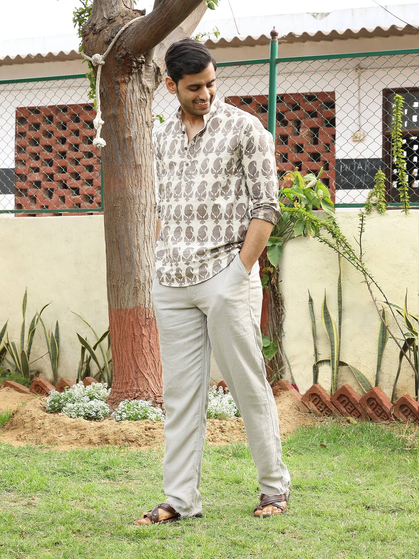 Hand Block Printed Mens Cotton Short Kurta Style Shirt (Beige)