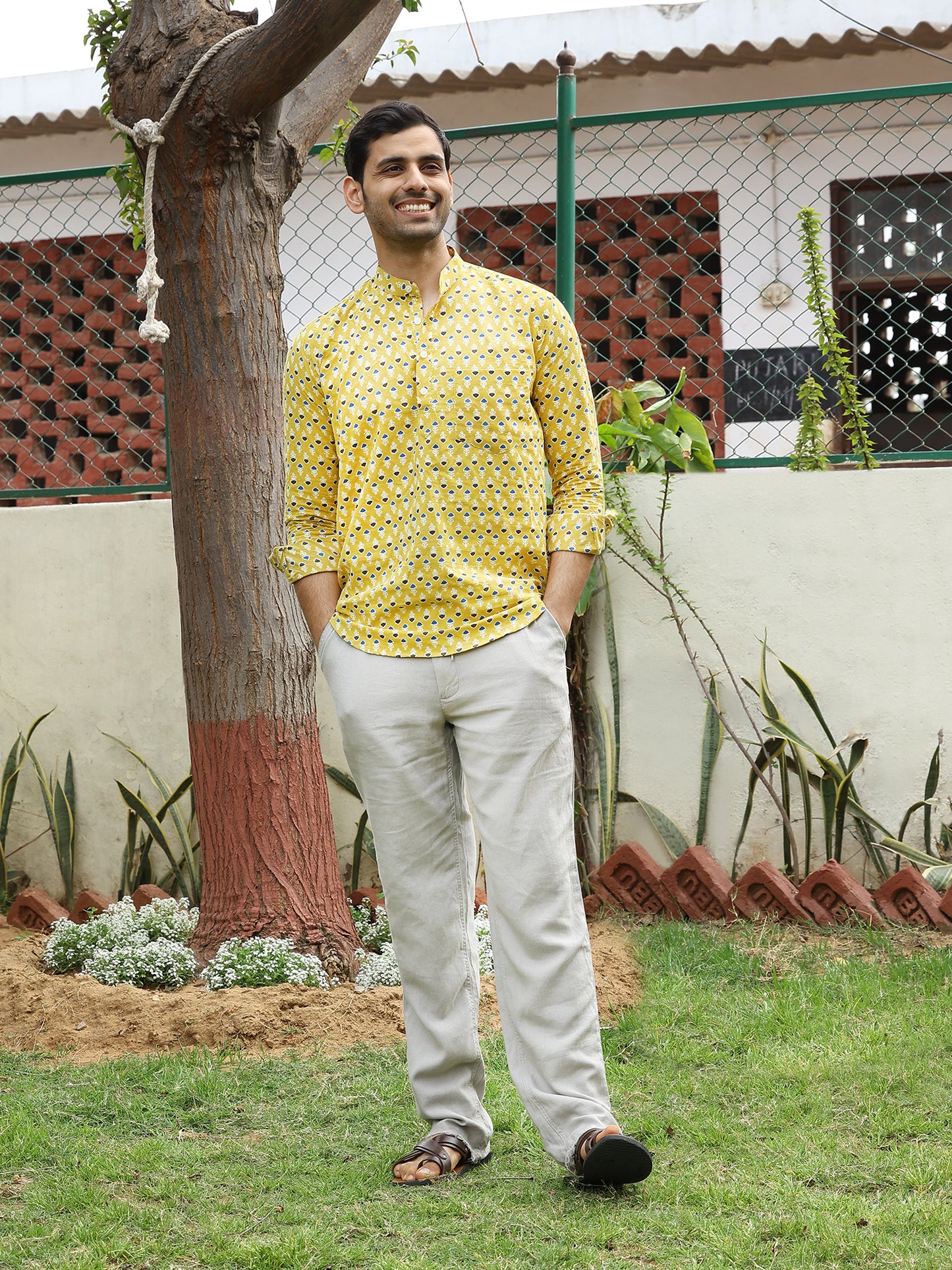 Handblock Printed Mens Cotton Short Kurta Style Shirt (Yellow)