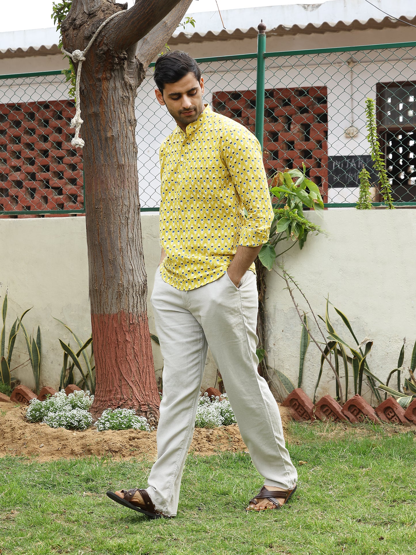 Handblock Printed Mens Cotton Short Kurta Style Shirt (Yellow)