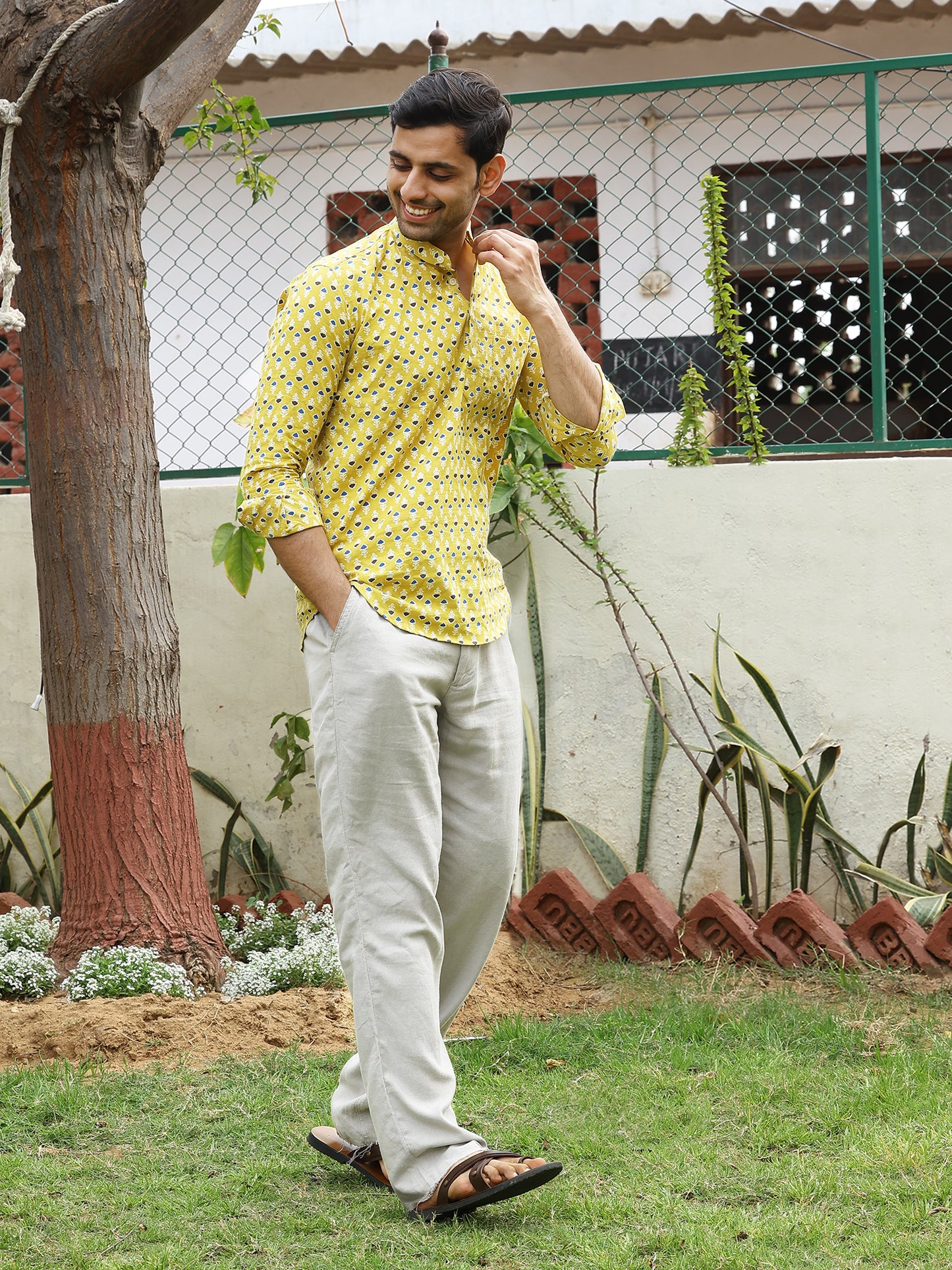 Handblock Printed Mens Cotton Short Kurta Style Shirt (Yellow)