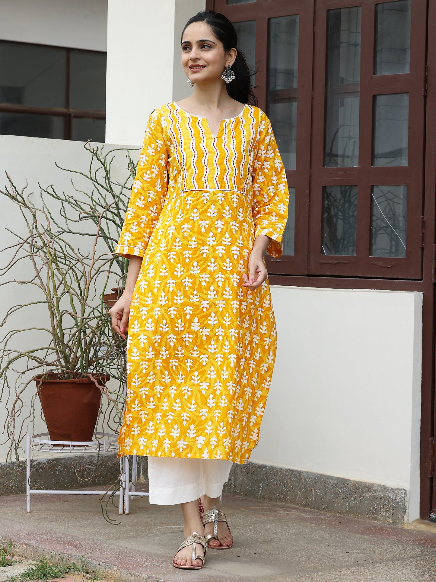 Yellow Kantha Yoke Hand Block Cotton Kurta