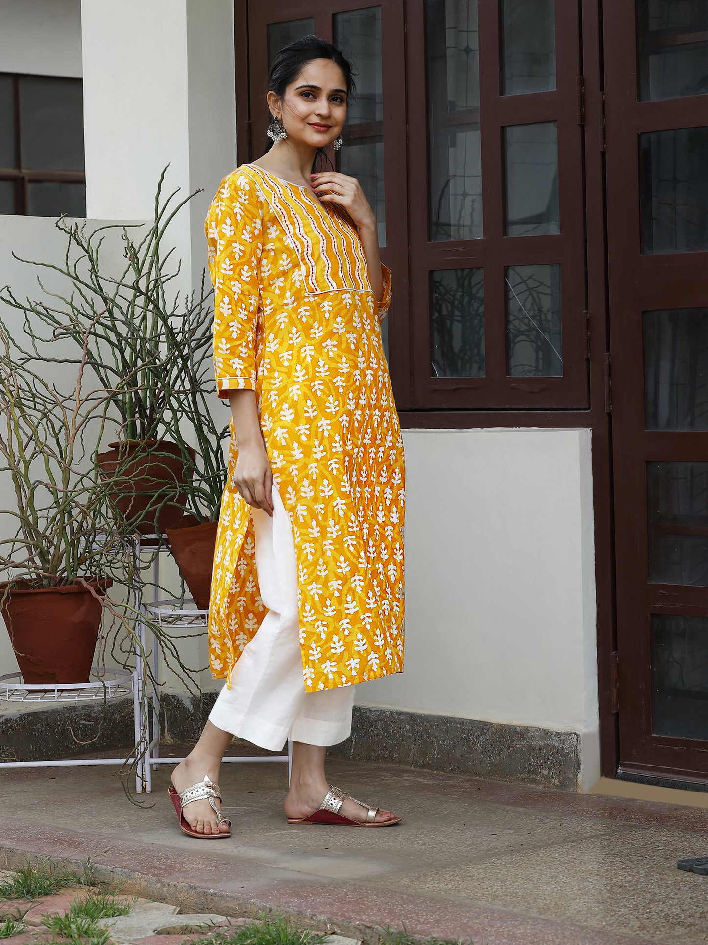Yellow Kantha Yoke Hand Block Cotton Kurta