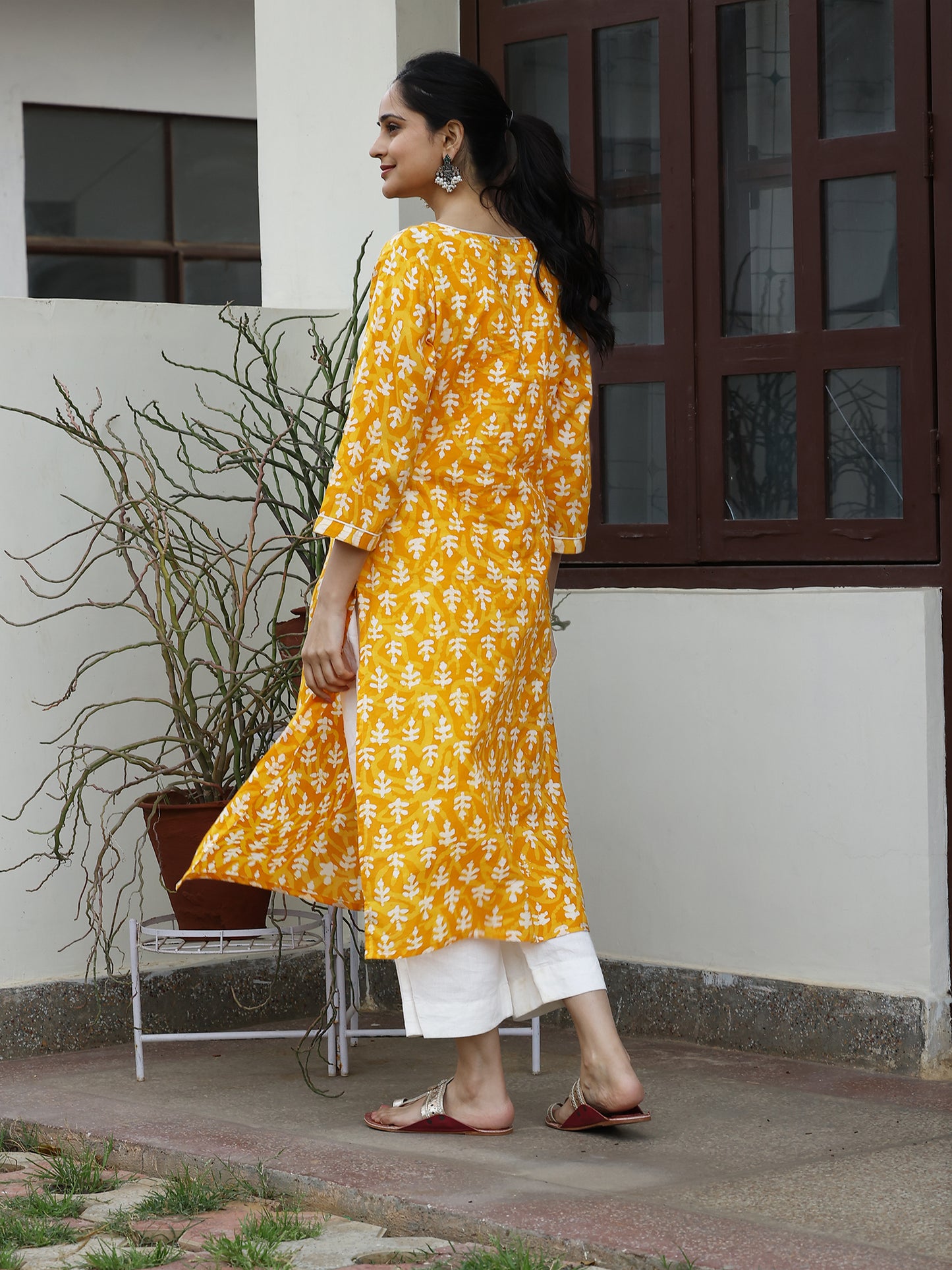 Yellow Kantha Yoke Hand Block Cotton Kurta