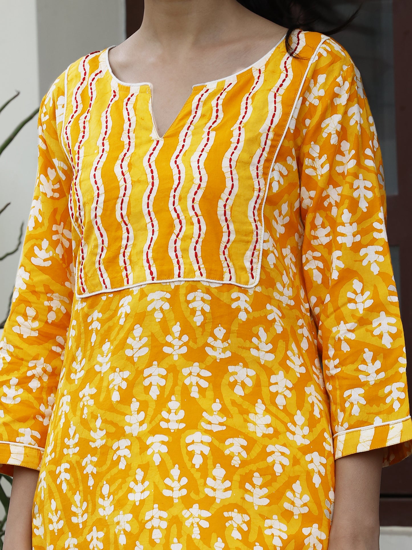 Yellow Kantha Yoke Hand Block Cotton Kurta