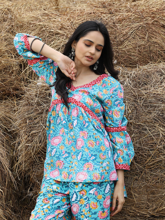 Blue Cotton Hand Block Bagru Printed Cotton CO-ORD Set (Blue)