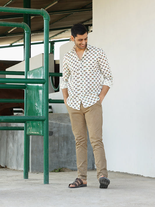 Full Sleeve Hand Block Animal Printed Mens Shirt  (Off White)