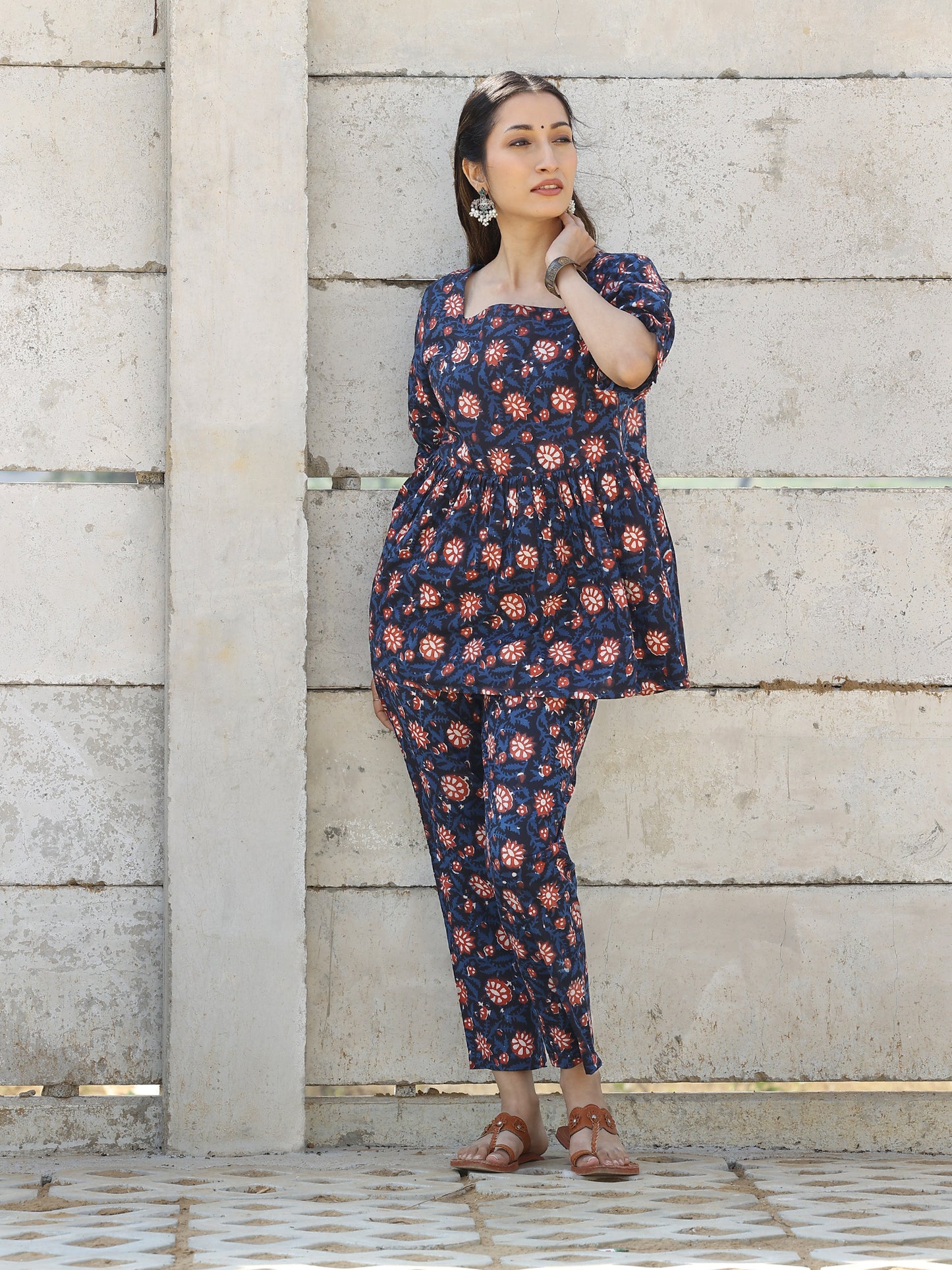 Navy Cotton Hand Block Bagru Printed Cotton CO-ORD Set with Elasticated Sleeve