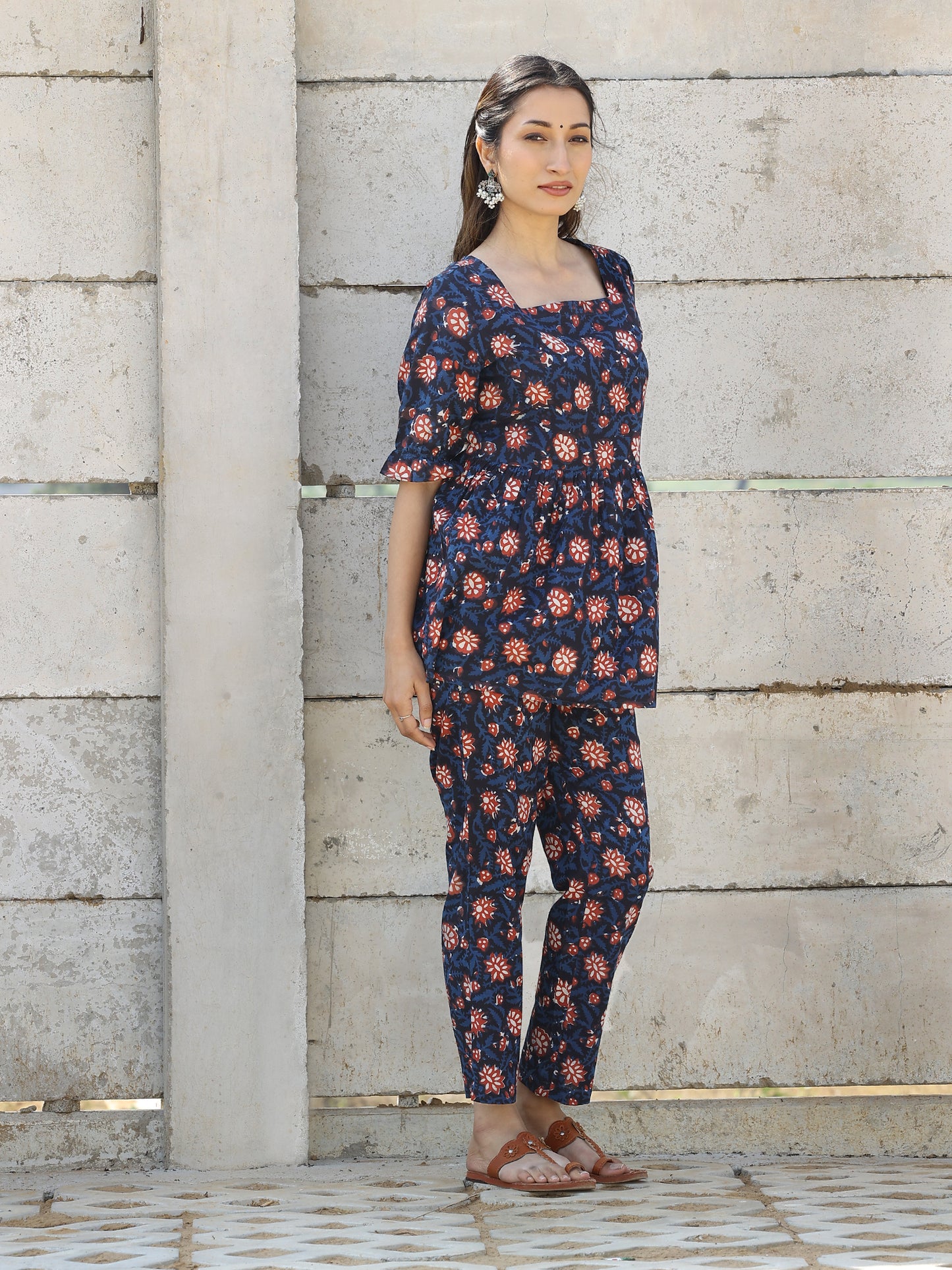 Navy Cotton Hand Block Bagru Printed Cotton CO-ORD Set with Elasticated Sleeve