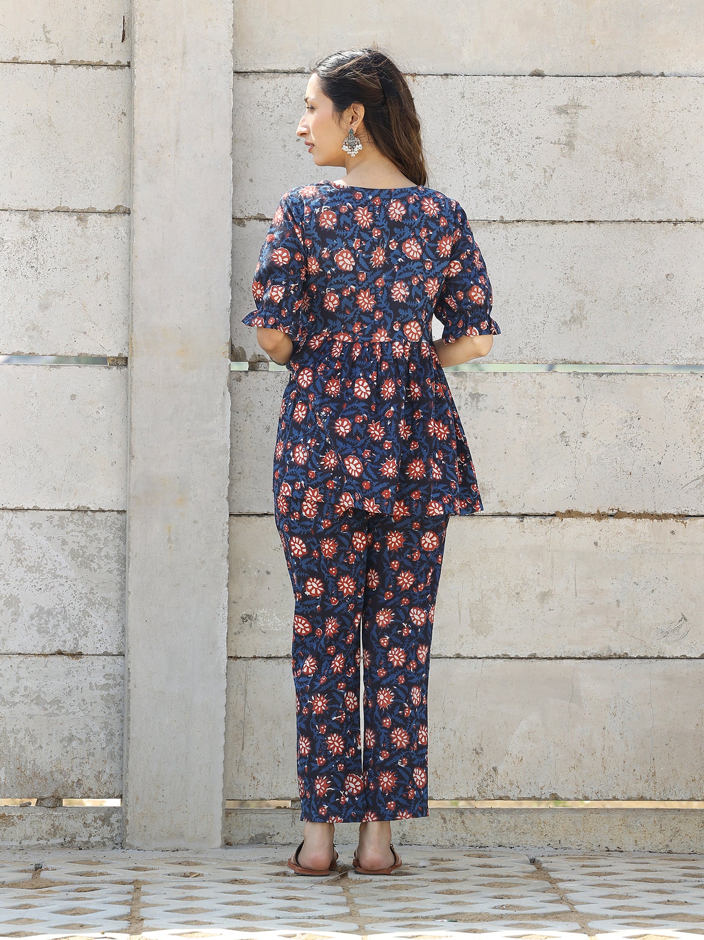 Navy Cotton Hand Block Bagru Printed Cotton CO-ORD Set with Elasticated Sleeve