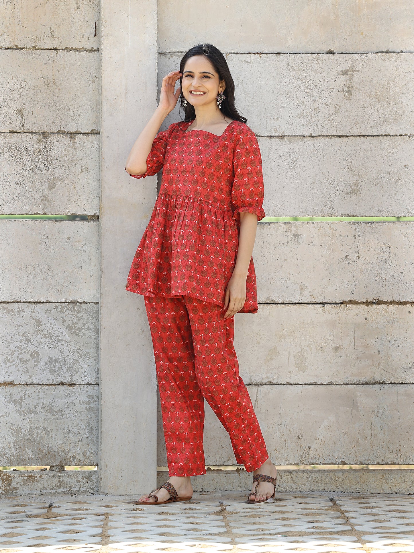 Red Cotton Hand Block Bagru Printed CO-ORD Set with Elastic Sleeves