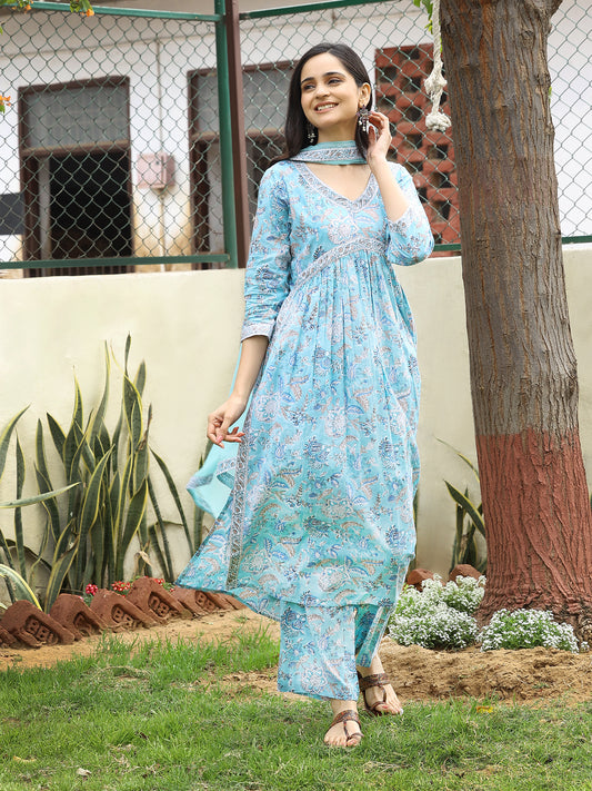Serene Light Blue Hand Block Bagru Printed Cotton Kurta Set