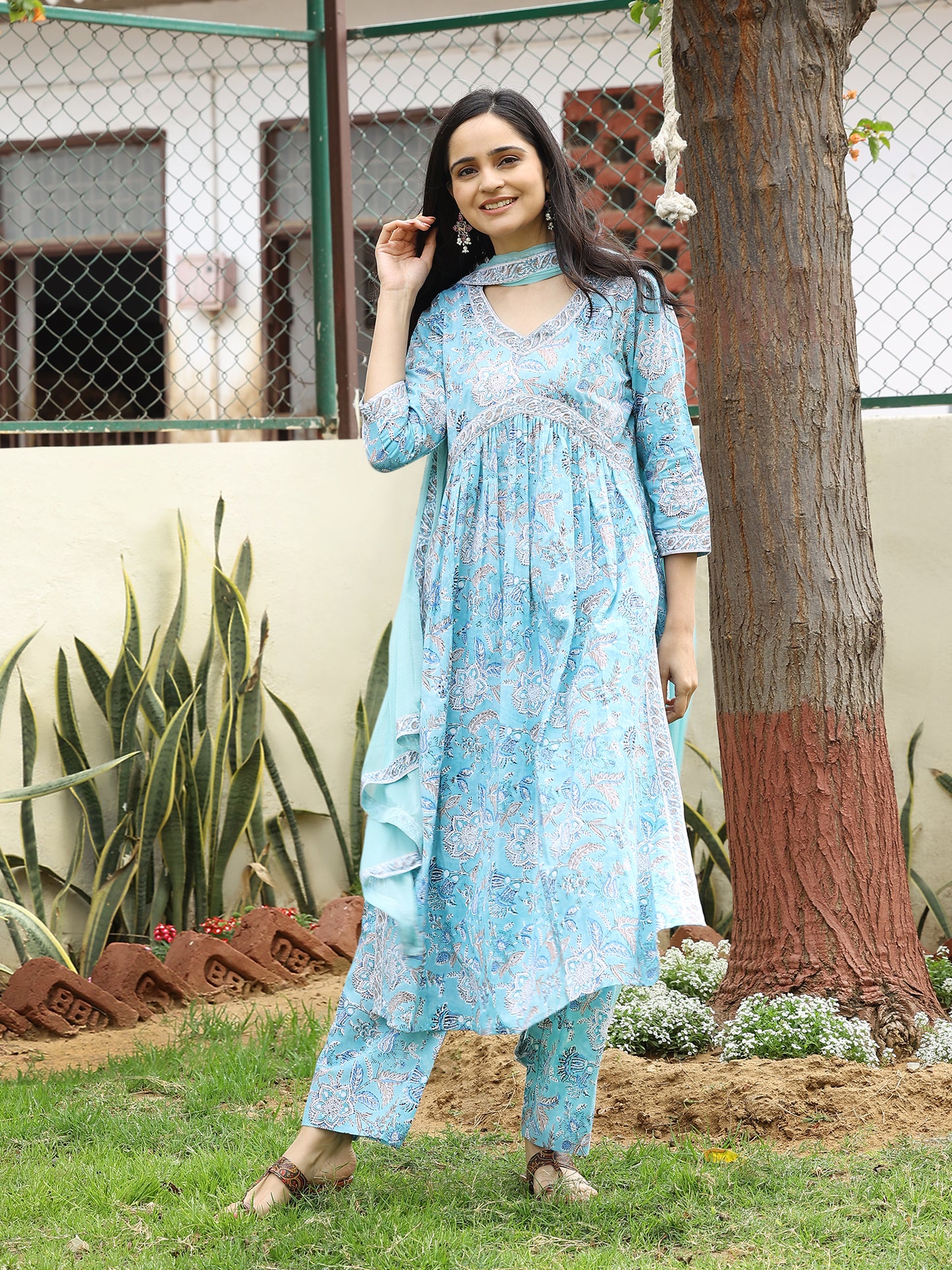 Serene Light Blue Hand Block Bagru Printed Cotton Kurta Set
