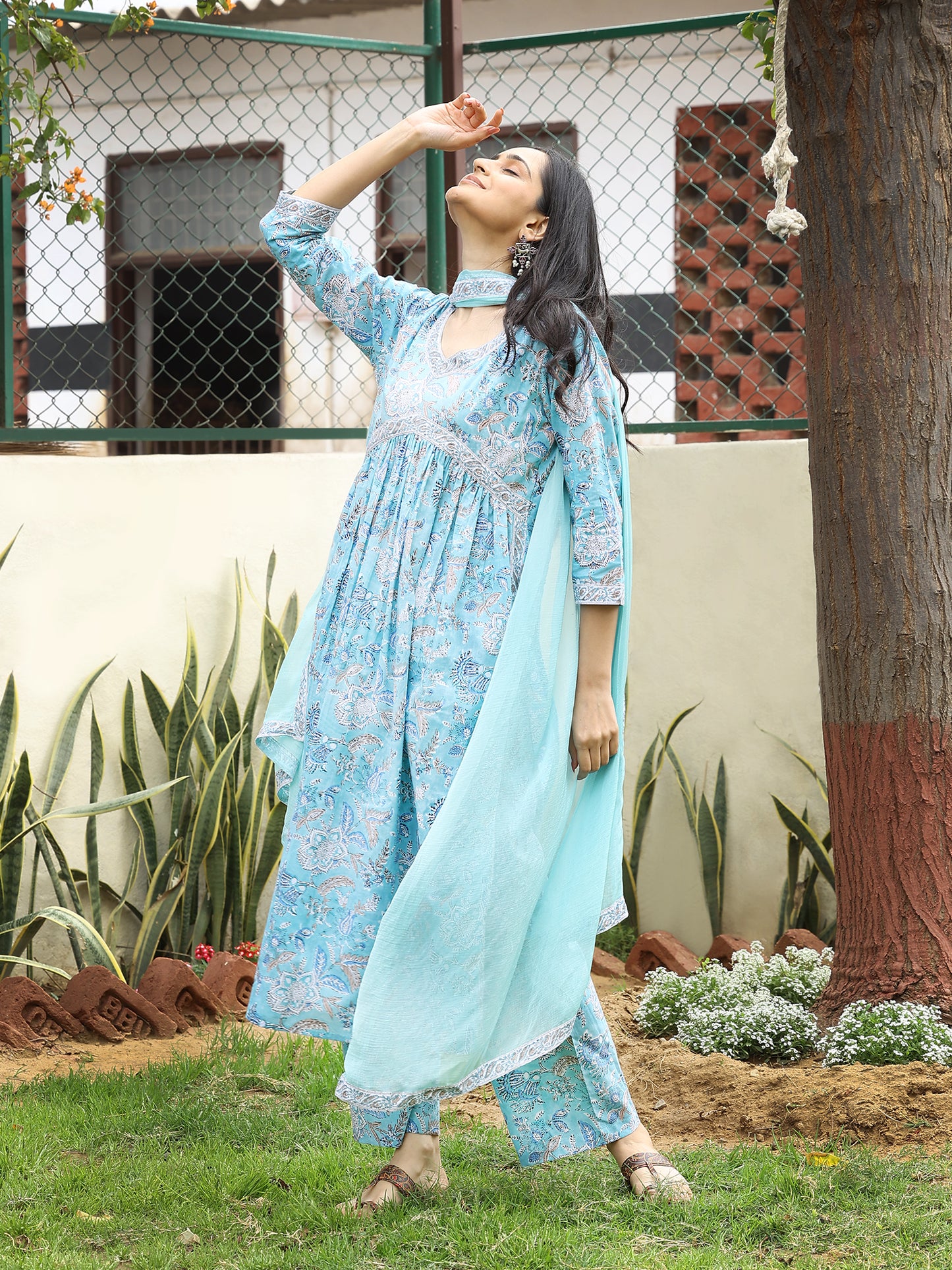 Serene Light Blue Hand Block Bagru Printed Cotton Kurta Set