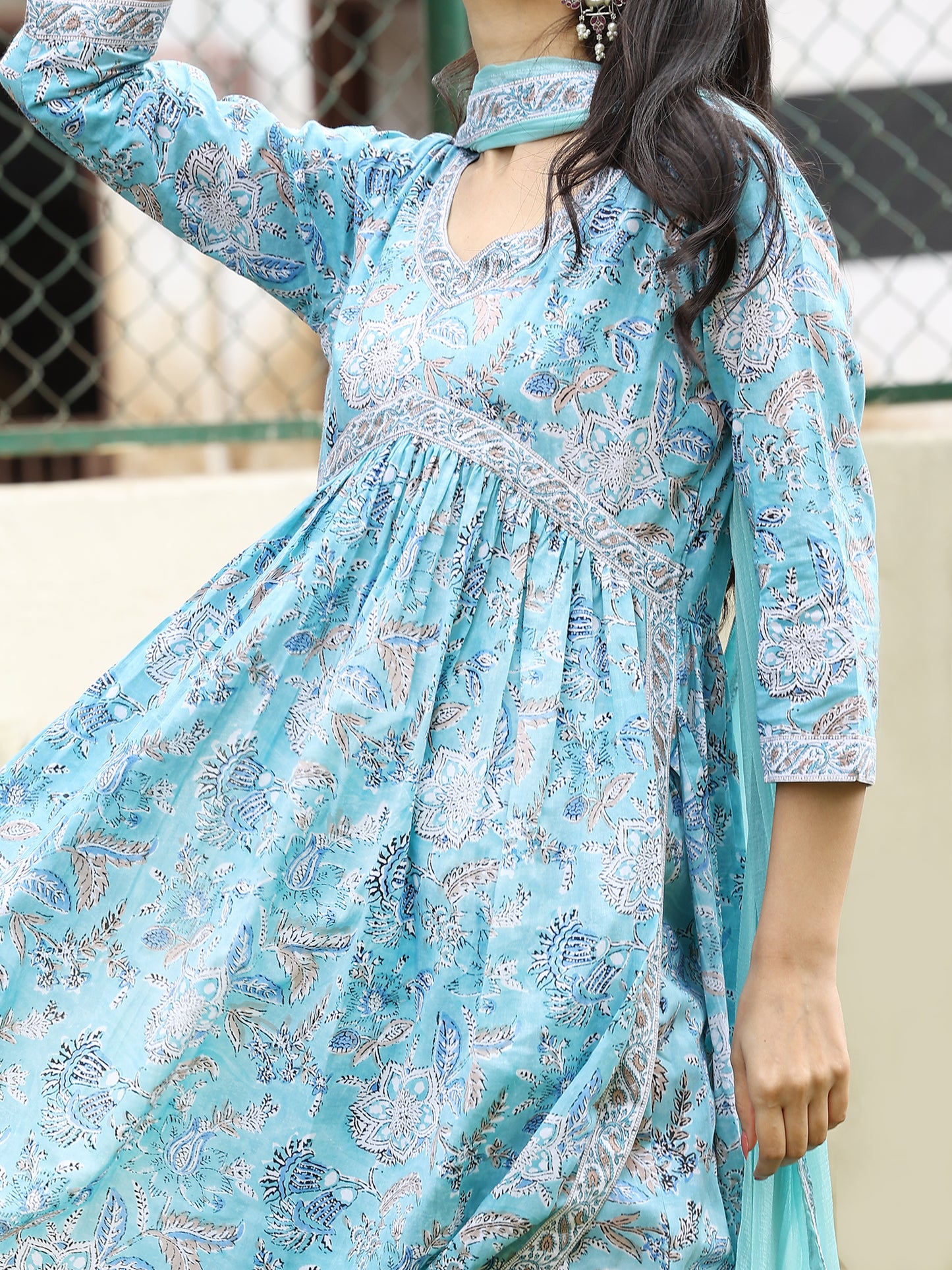Serene Light Blue Hand Block Bagru Printed Cotton Kurta Set