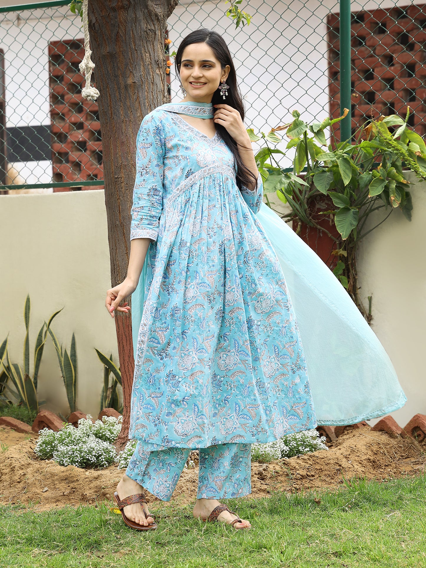 Serene Light Blue Hand Block Bagru Printed Cotton Kurta Set