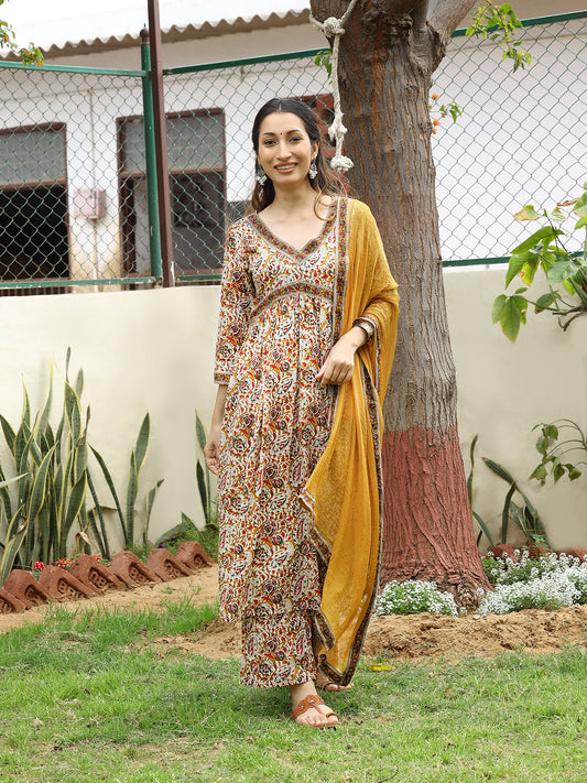 Beige Hand Block Bagru Printed Cotton Kurta Set without dupatta without Dupatta