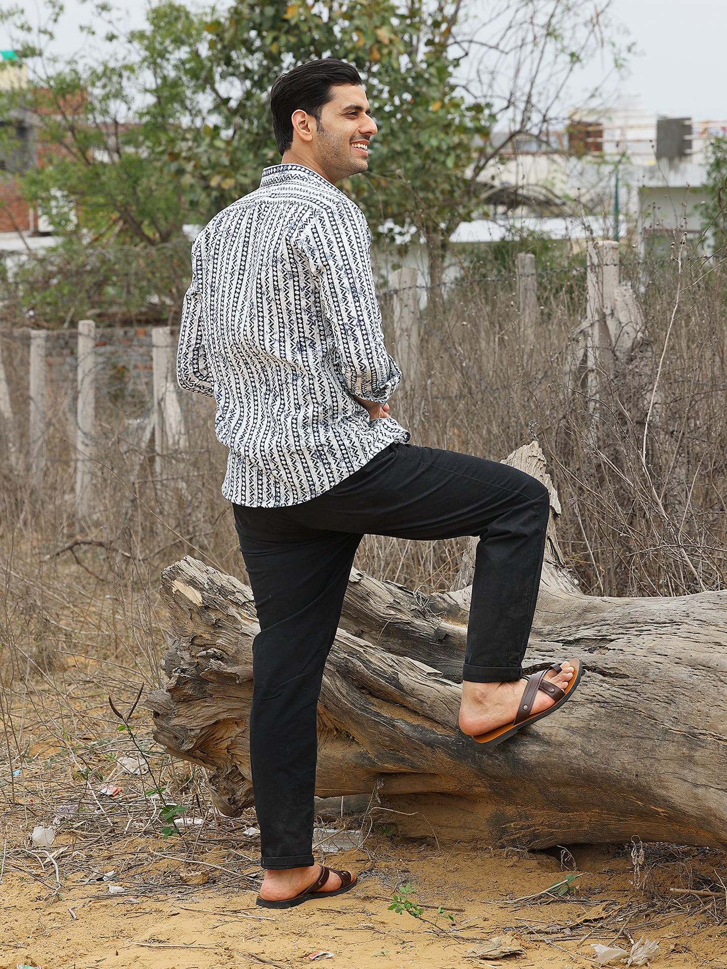 Full Sleeve White Geometrical Line Printed Men's Cotton Shirt