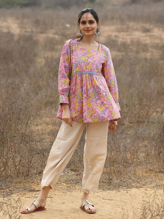 Pink Cotton Hand Block Bagru Printed Top