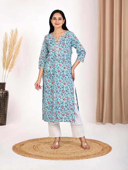 Light Blue Floral Printed Straight Kurta