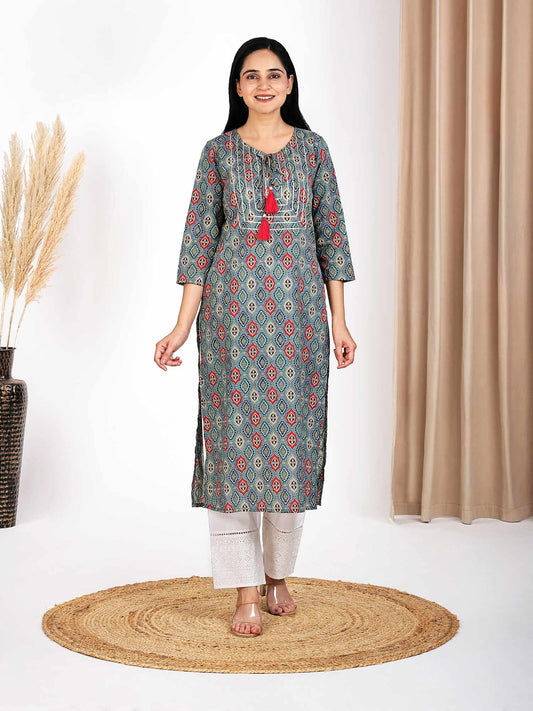 Blue Geometric Printed Straight Kurta with Gotta Work at Neck