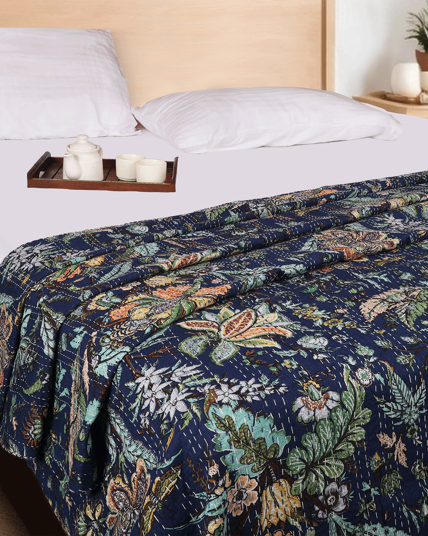 Navy Blue Hand Block Printed Hand Kantha Double Bed Dohar/Bed Cover