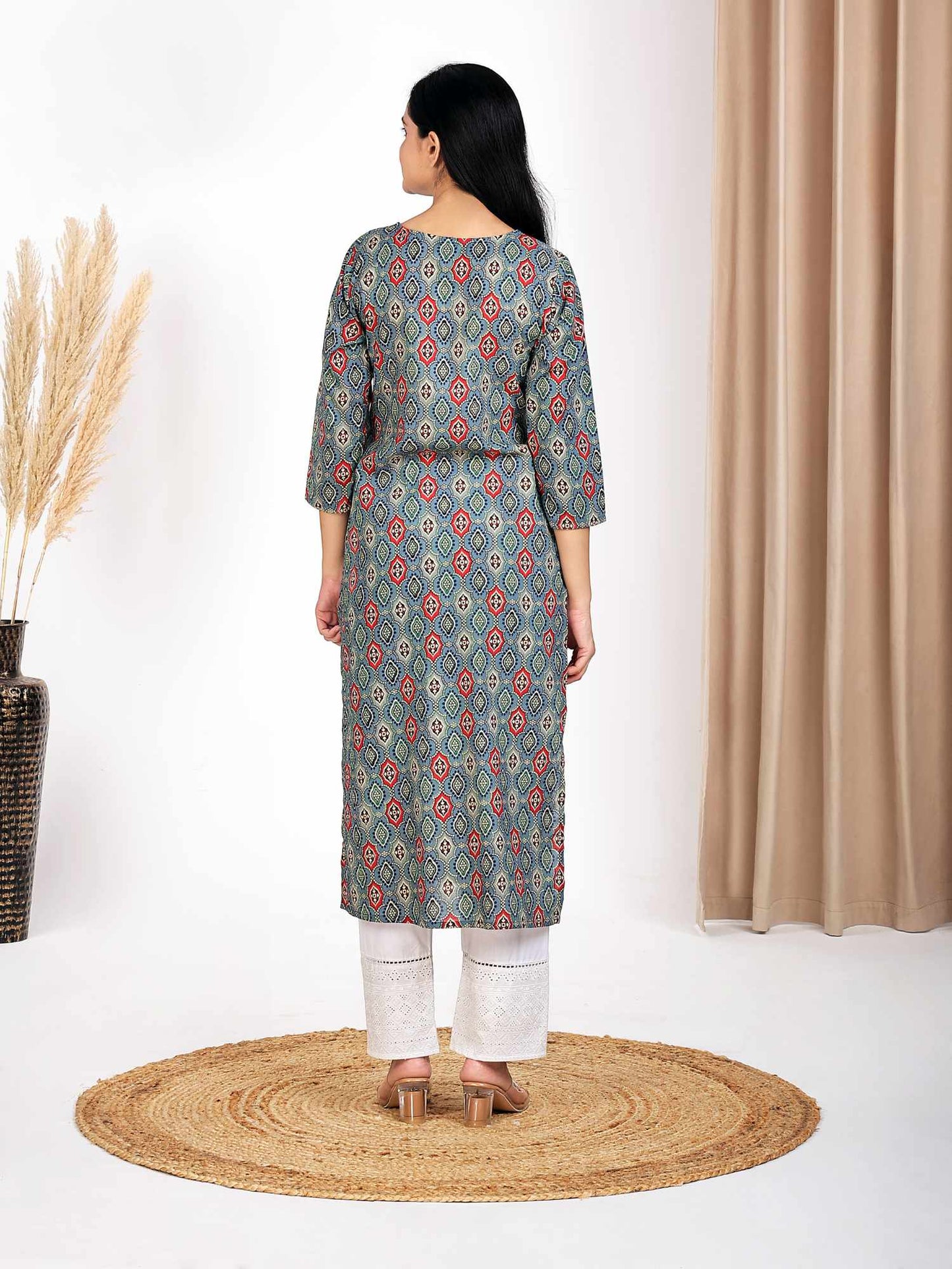 Blue Geometric Printed Straight Kurta with Gotta Work at Neck