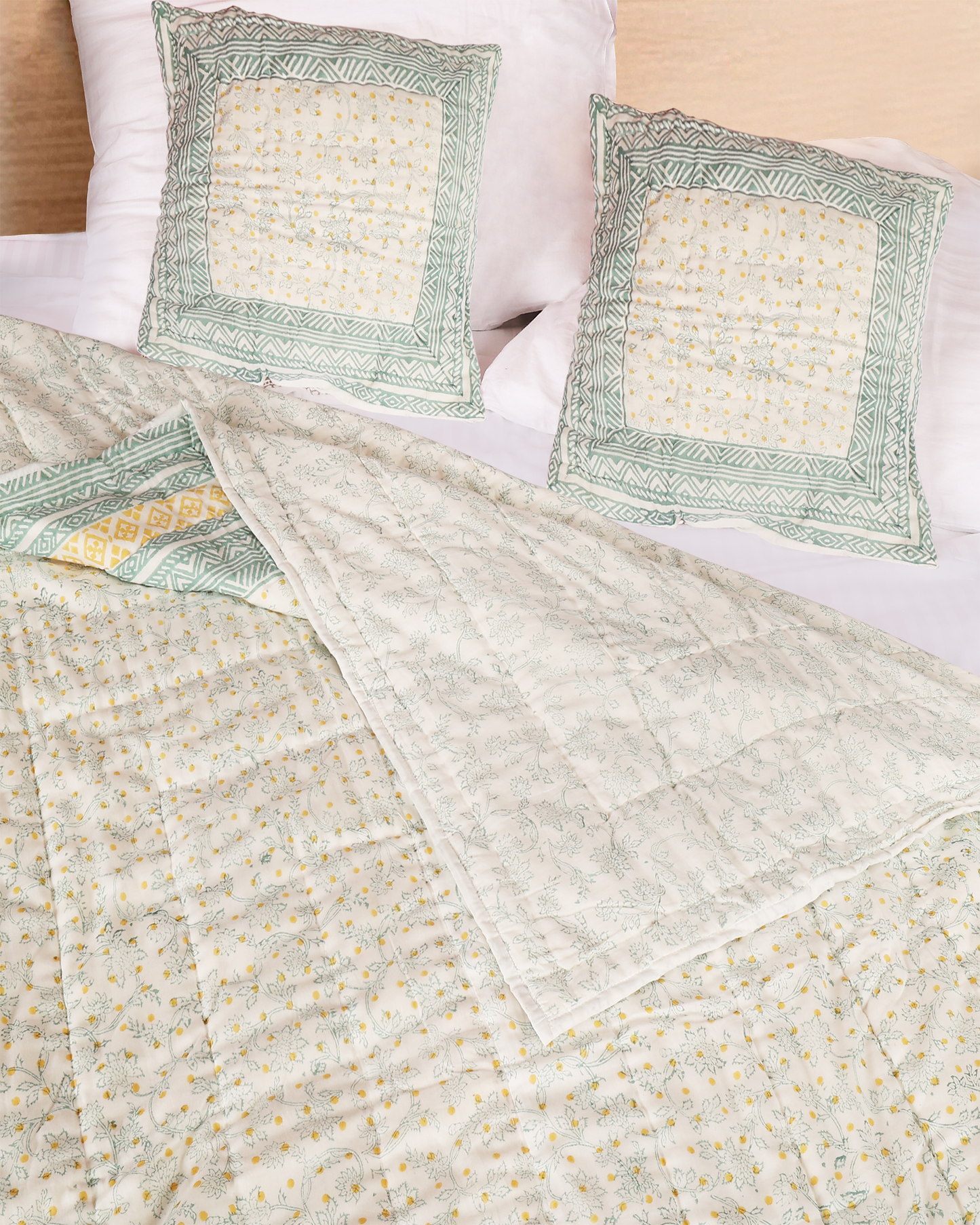 White Hand Block Printed Reversible Double Bed Quilt Set with Hand Quilting