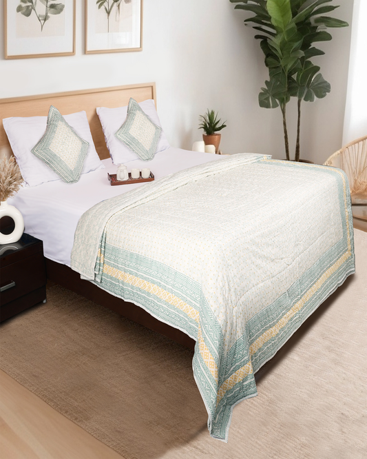 White Hand Block Printed Reversible Double Bed Quilt Set with Hand Quilting