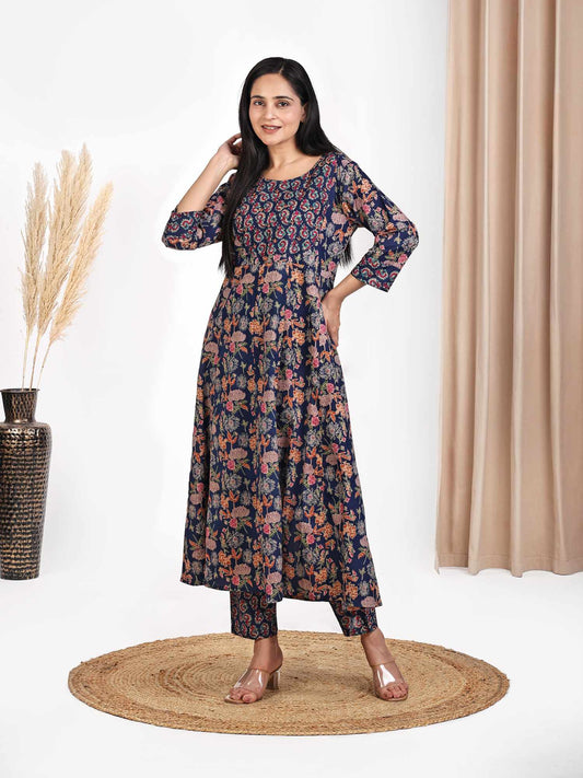 Navy Floral Print Anarkali Kurta Set with Thread Embroidery at Yoke