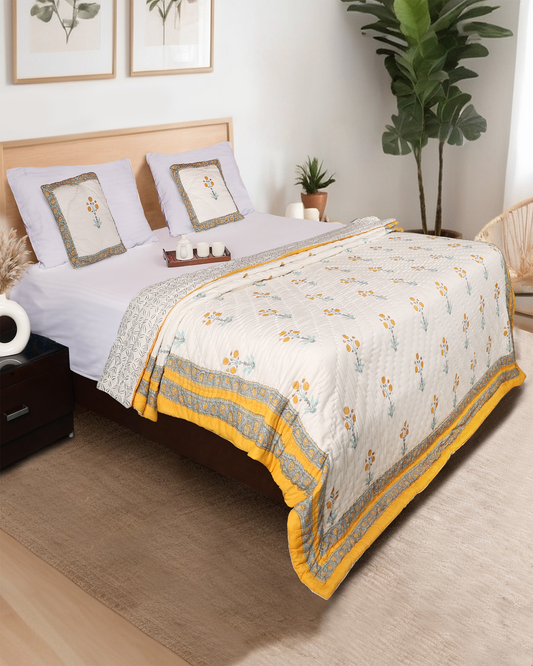 White Hand Block Printed Reversible Double Bed Quilt Set with Hand Quilting