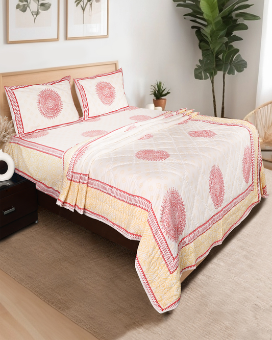 White Hand Block Printed Reversible Single Quilt Set (Set of 2) with Pillow Cover