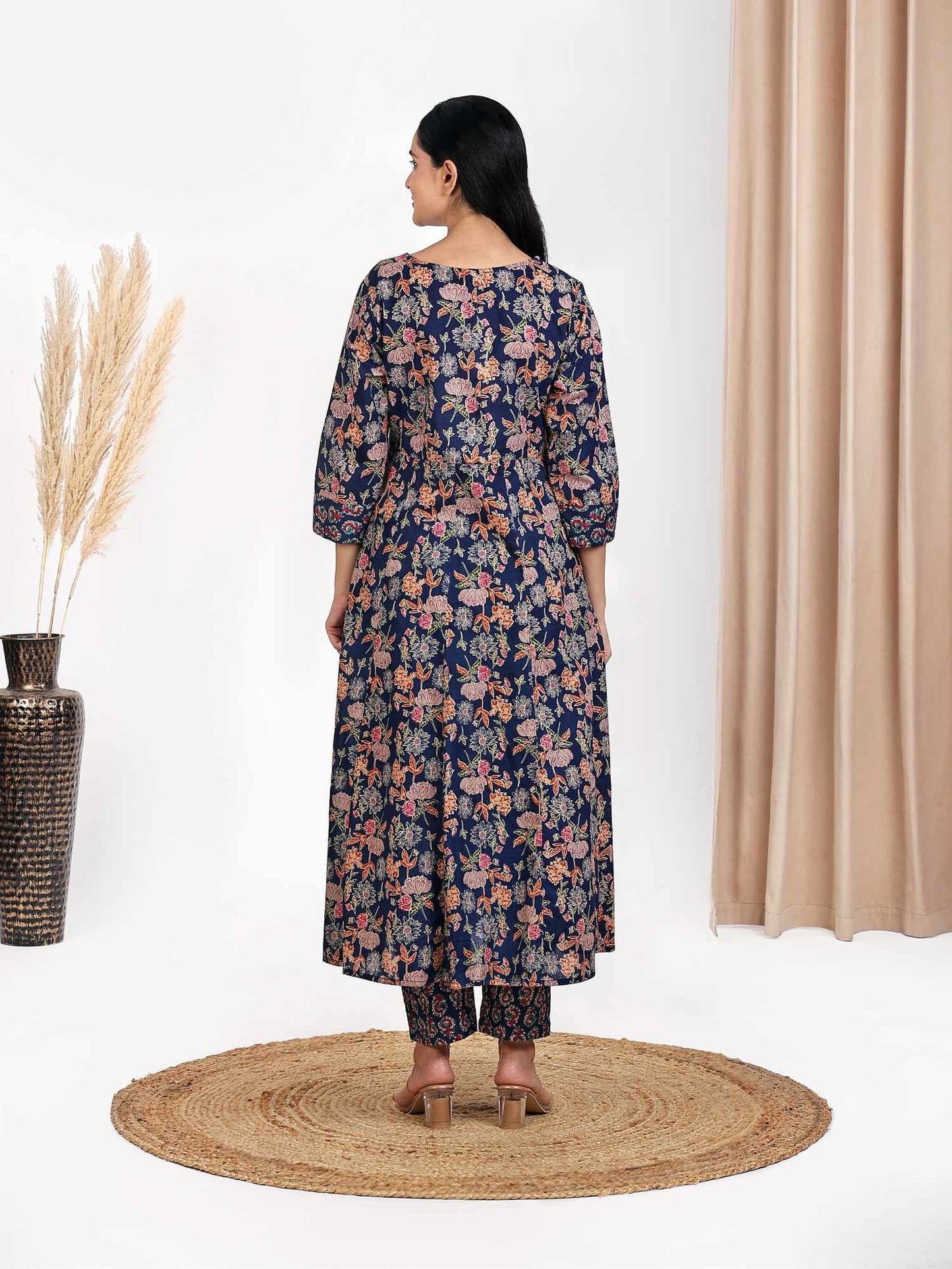 Navy Floral Print Anarkali Kurta Set with Thread Embroidery at Yoke