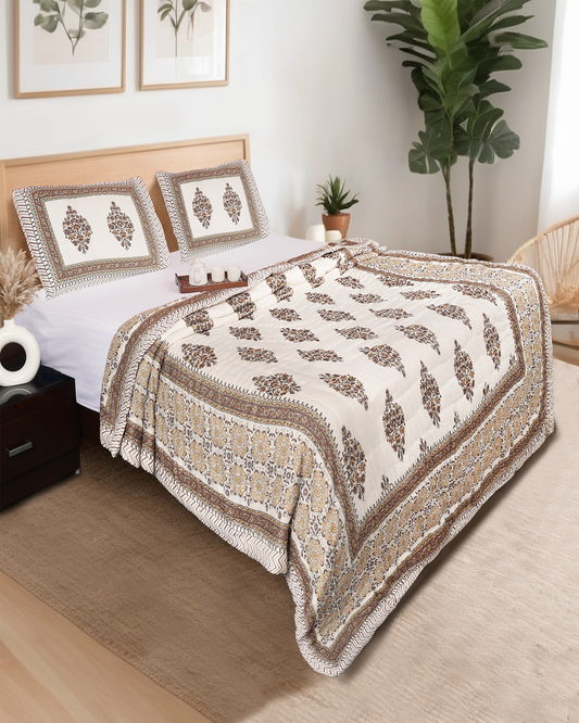Brown Hand Block Printed Reversible Double Bed Quilt Set with Hand Quilting