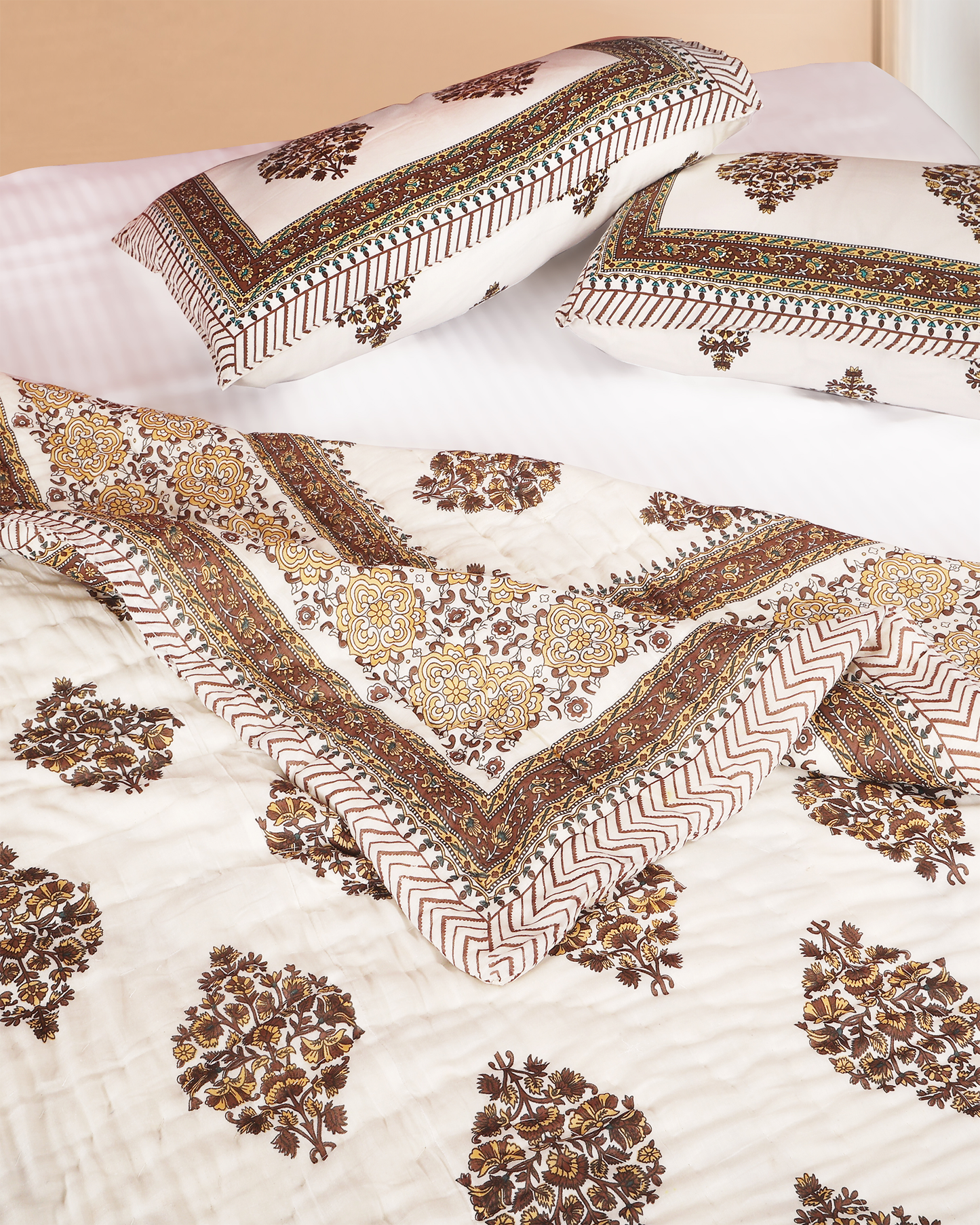 Brown Hand Block Printed Reversible Double Bed Quilt Set with Hand Quilting