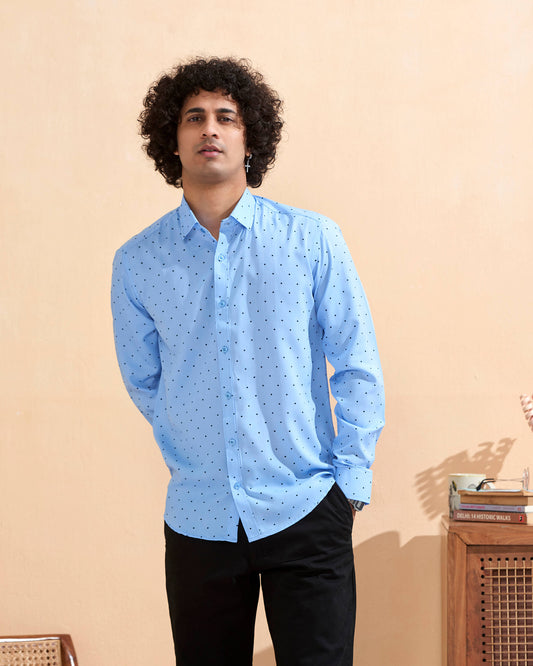 Full Sleeves Blue Crepe Casual Printed Men's Shirt