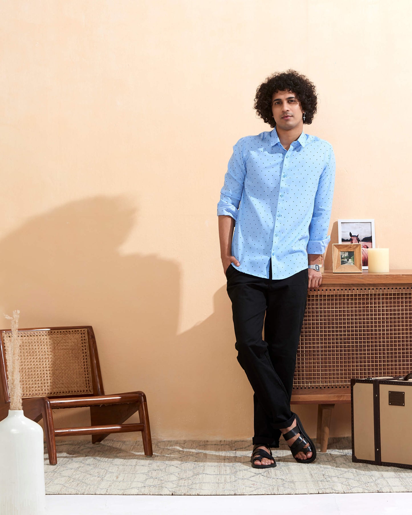 Full Sleeves Blue Crepe Casual Printed Men's Shirt