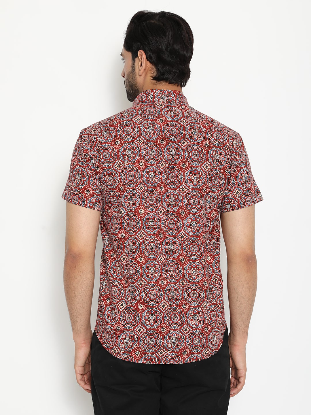 Red Cotton Short Sleeve Hand Block Printed Men's Shirt