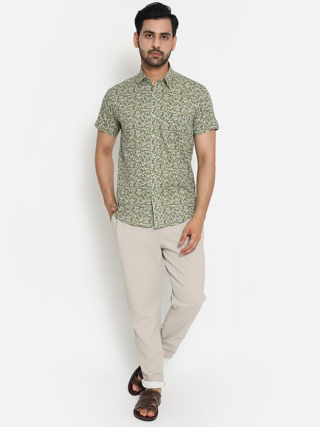 Light green Short Sleeve Cotton Hand Block Printed Men’s Shirt
