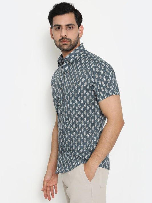 Grey Short Sleeve Cotton Hand Block Printed Menās Shirt