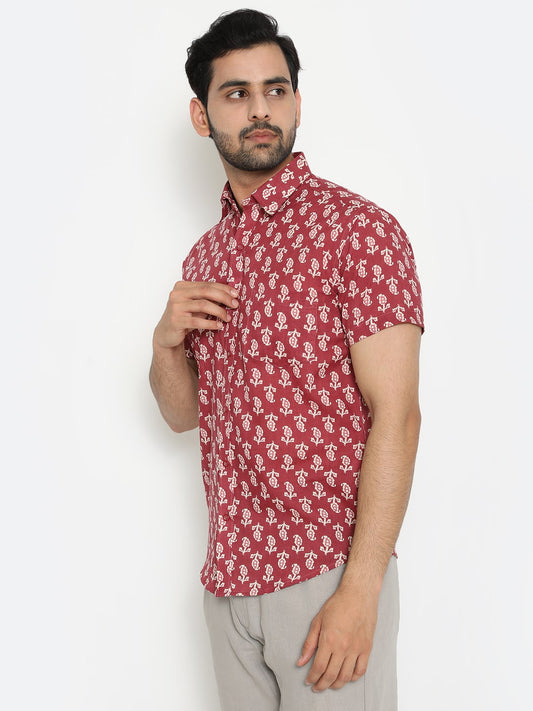 Red Short Sleeve Cotton Hand Block Printed Menās Shirt