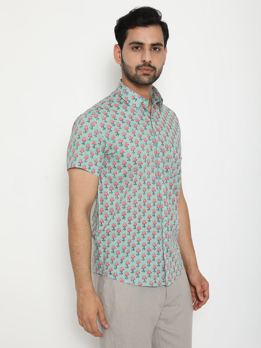 Light blue Short Sleeve Cotton Casual Hand Block Printed Menās Shirt