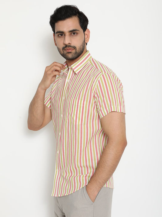 White Short Sleeve Cotton Hand Block Printed Menās Shirt