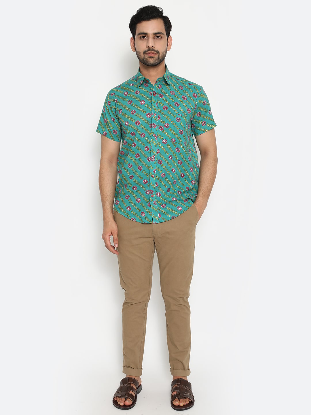 Aqua blue Short Sleeve Cotton Slim Hand Block Printed Men’s Shirt